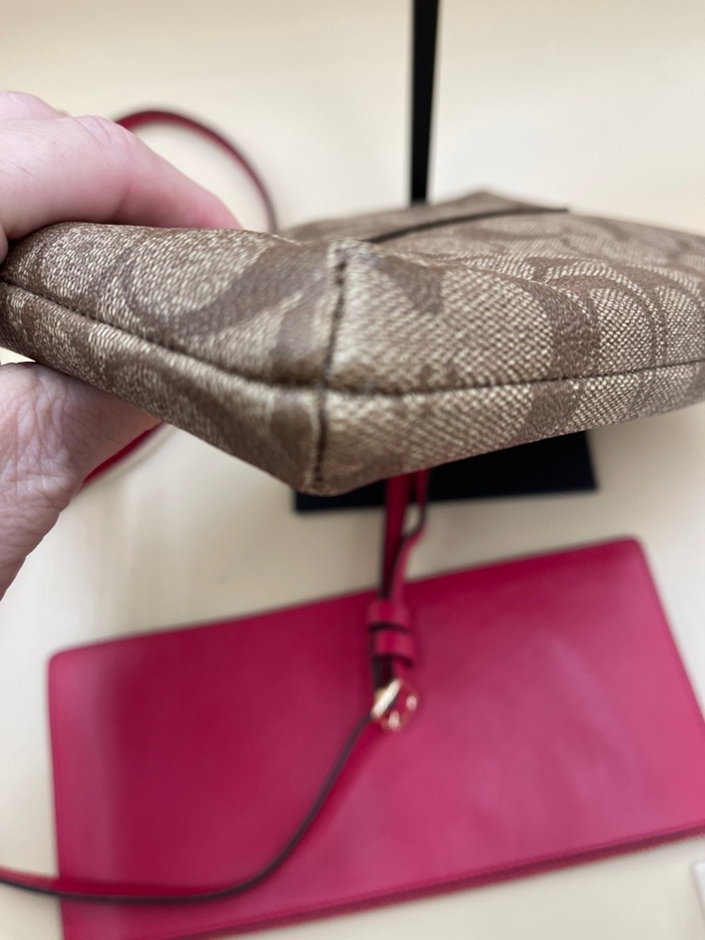 Coach Brown Signature Crossbody with Pink Trim and Removable Pouch Gold Zip - Picture 5 of 10